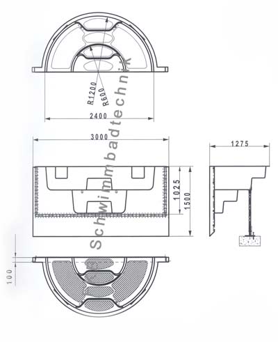 Technische Zeichnung der Swimtec GFK Treppe 3,0m mit Maßangaben