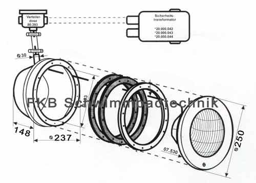 Technische Zeichnung Einbaunische Edelstahl für Unterwasserscheinwerfer V4A