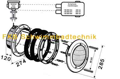 Unterwasserscheinwerfer PAR56 mit Edelstahlblende Maßzeichnung