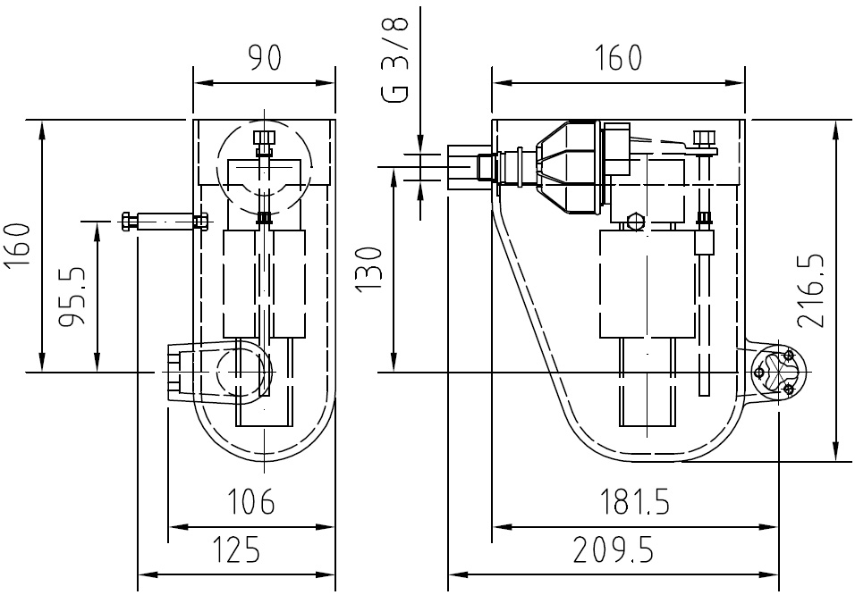 Technische Zeichnung Lahme Wasserstandsregler mechanisch, großer Skimmer