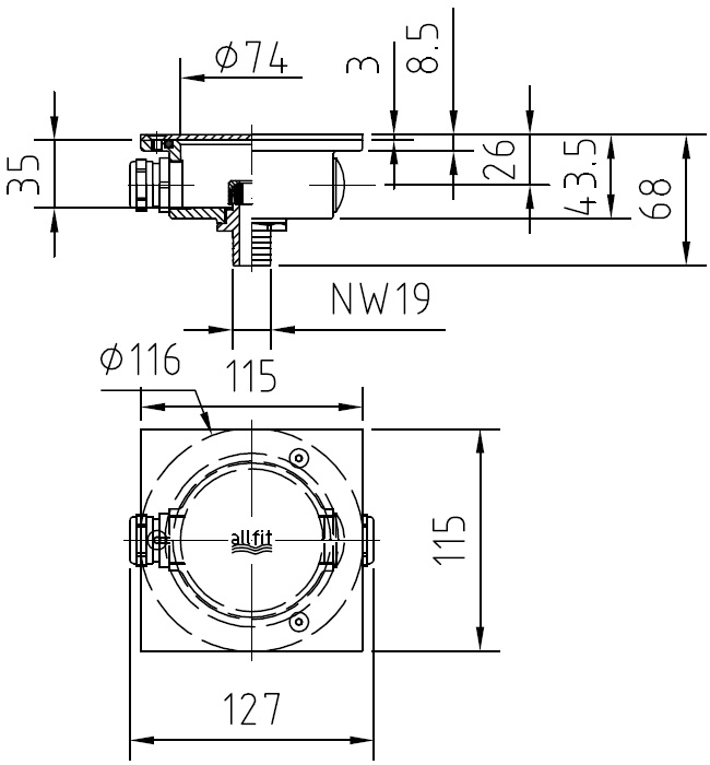Lahme Verteilerdose rechteckig, technische Zeichnung