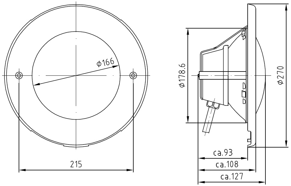 Rotguss-Scheinwerfer-Einsatz mit V4A-Blende, technische Zeichnung