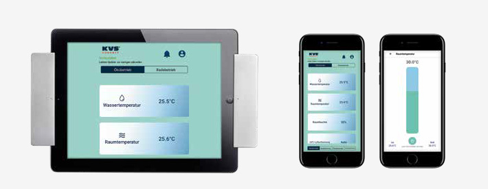 Darstellung der KVS®-Connect Steuerungsoberfläche auf Tablet und Smartphone zur Regelung von Wasser- und Raumtemperatur in Schwimmhallen