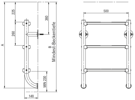 Geteilte Schwimmbeckenleiter Unterteil V4A seitlich