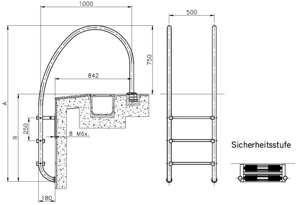 Maßzeichnung Einbauleiter für Überlaufrinnenbecken