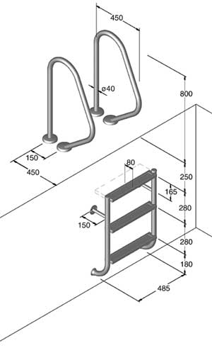 Leiter TINA geteilt im Pool, mit Griffbögen und Rosetten