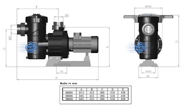 Maßzeichnung der Astralpool Maxim Pumpe