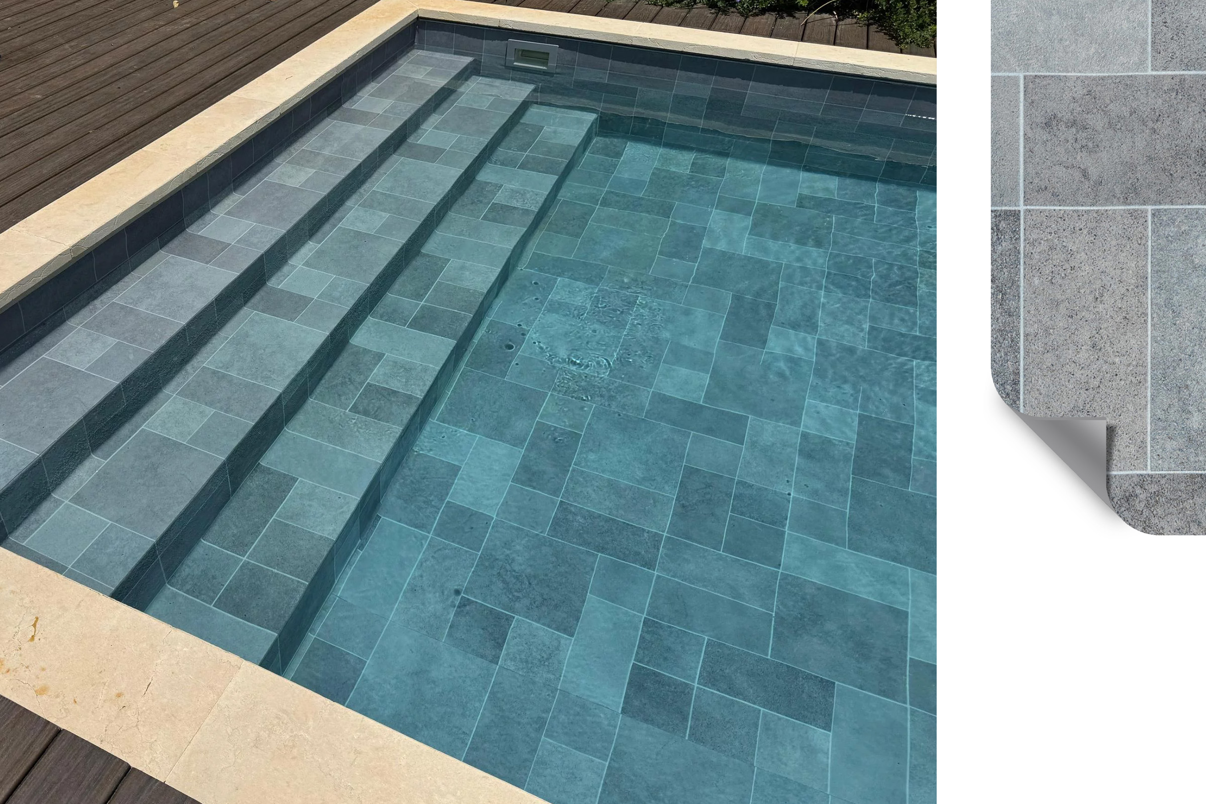 Moderner Pool mit mehrfarbig verlegter Folie im Fliesenlook in Dolomit Grey von Elbe Unique Tile.