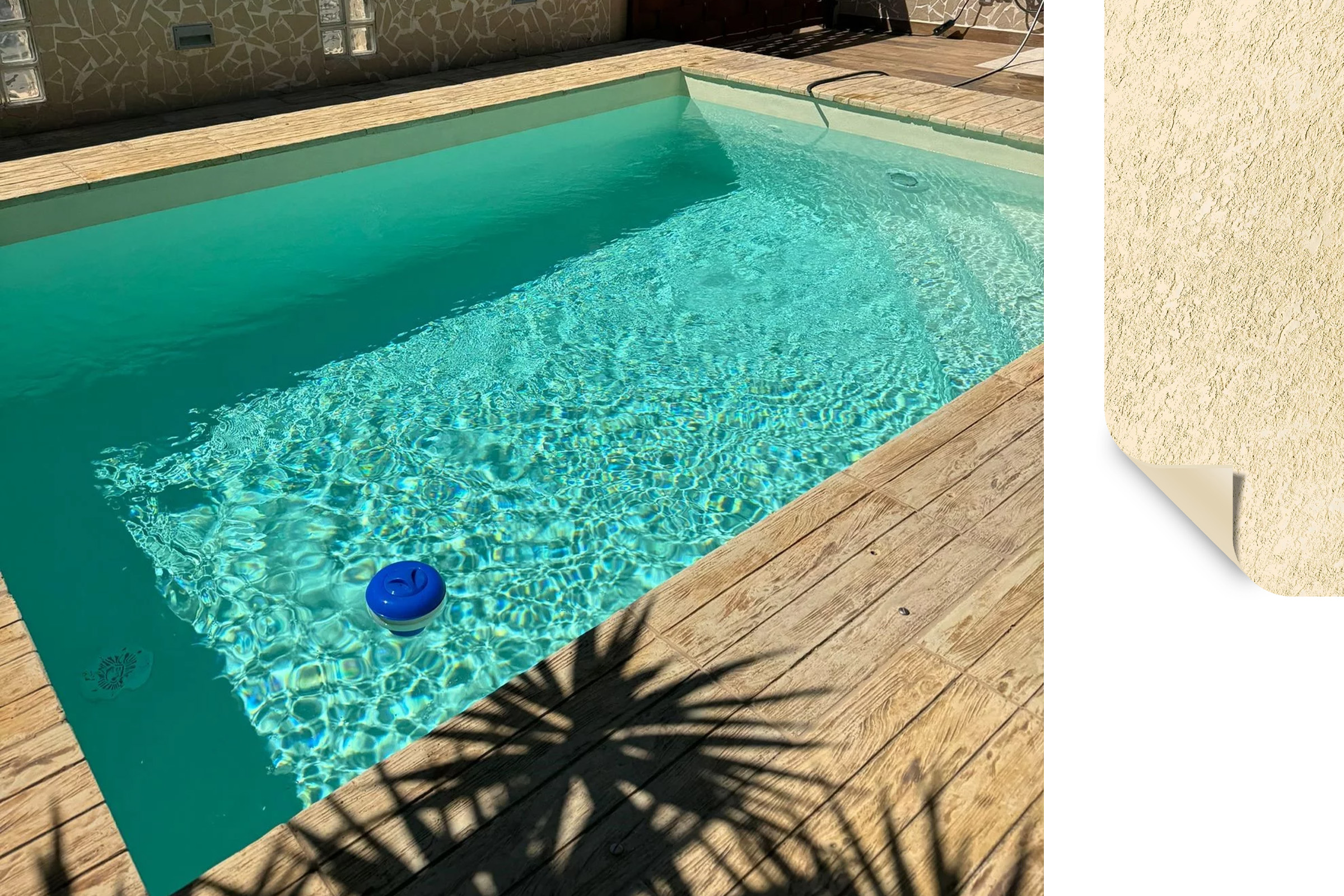 Pool mit beige strukturierter Poolfolie ELBE motion – Farbton Sand Beach für natürliche Wasserfarbe
