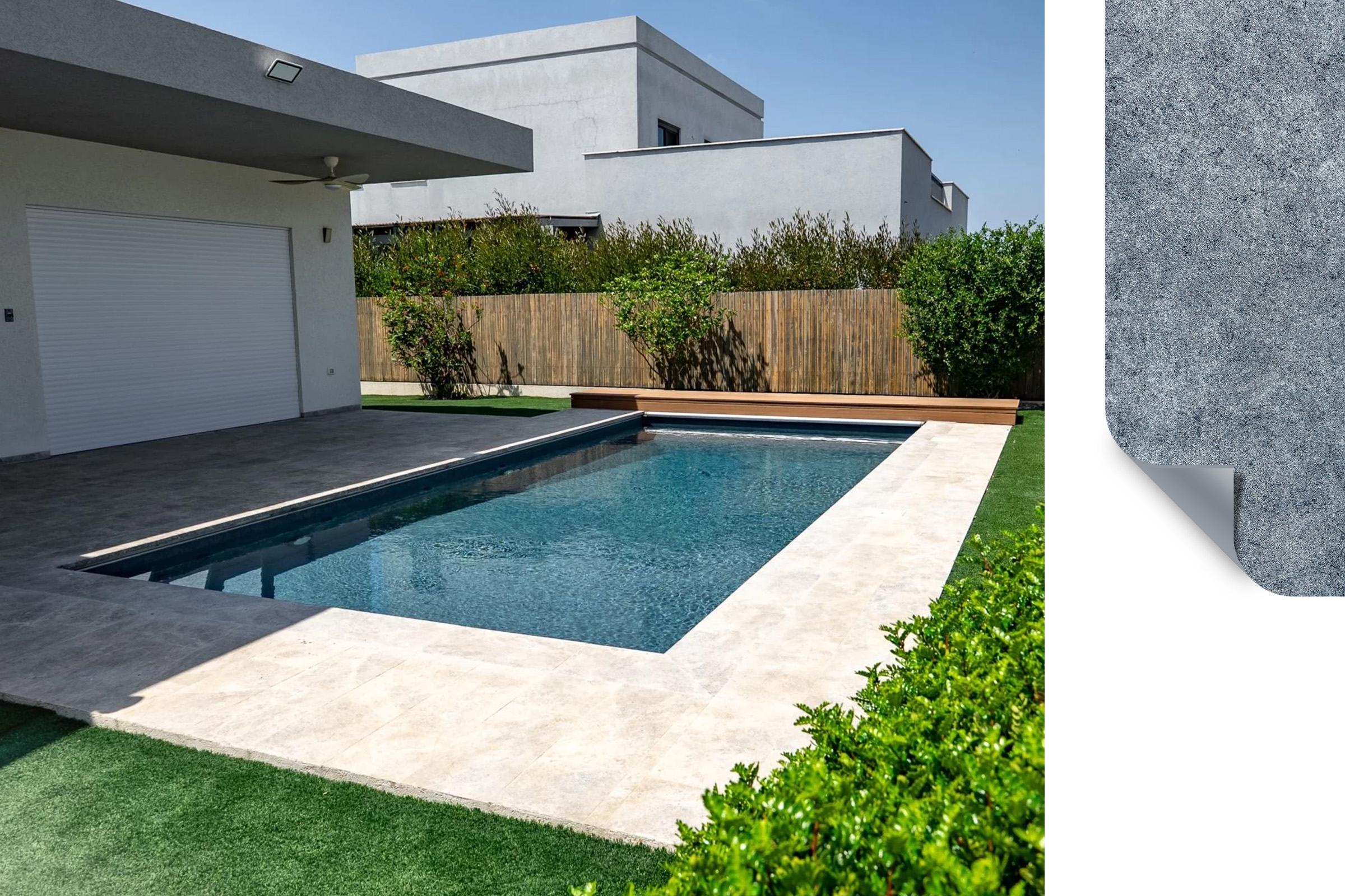 Eleganter Pool mit graphitgrauer Poolfolie – strukturierte Schwimmbadfolie ELBE SOLID Stone Graphite