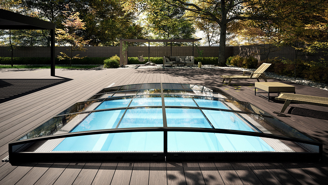 Übersicht des Albixon PP Pool Mini Qbig 3x3 in Weiß mit integrierter Sydney Poolüberdachung