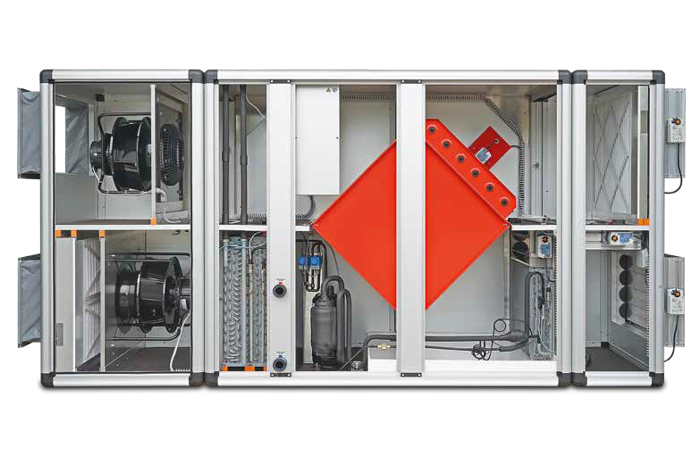 Geöffnetes KVS® LEG-AuFo-R Entfeuchtungssystem für Schwimmhallen mit Rückluftführung und Modulbauweise